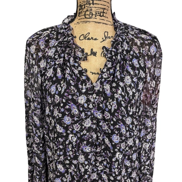 Intermix Dory Floral Chiffon Silk Mini Dress Black Lined Ruffle Long Sleeve 12 - Picture 4 of 10